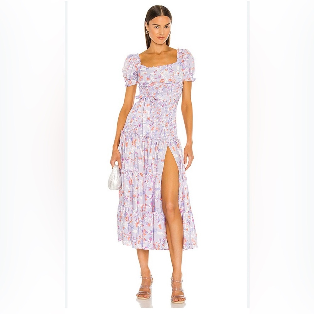 NWT LIKELY Revolve Purple Floral Tiered Smocked Belted Puff Sleeve Maxi Dress